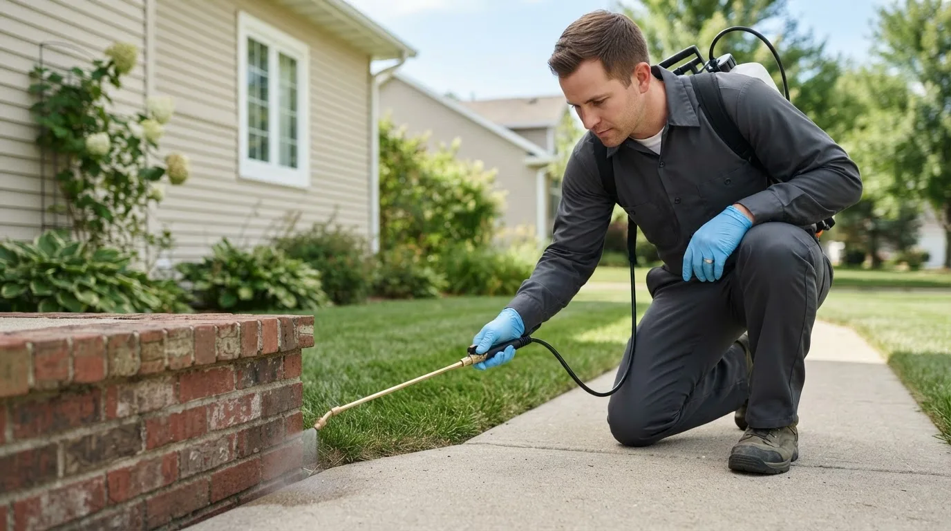 Pest control technician treating a home near Eskridge, KS
